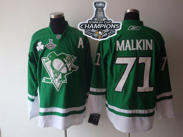 Penguins #71 Evgeni Malkin Green St Patty's Day Stanley Cup Finals Champions Stitched NHL Jersey